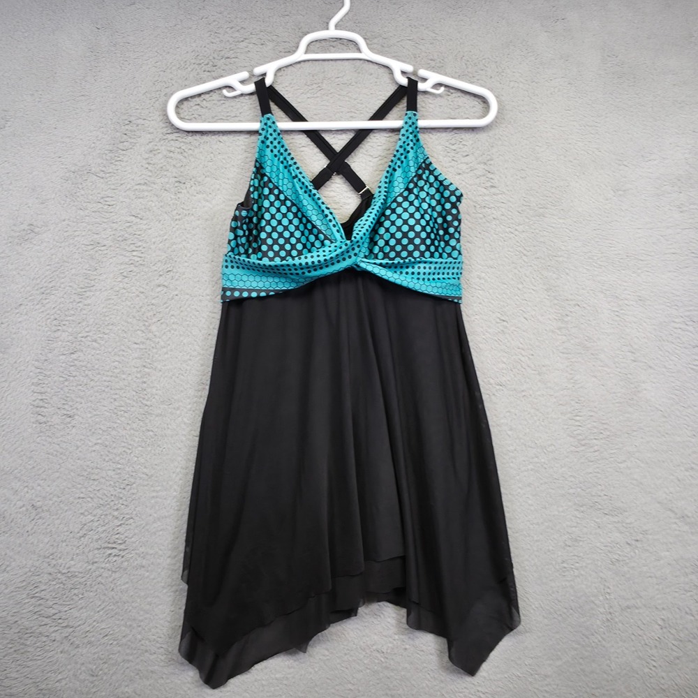 Womens Swimsuit Dress L Black Blue Polka Dot Pinup Babydoll Asymmetric Crossback